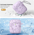 Compatible with Airpod Case and Airpods 2Nd Generation Case Flower Print Engraved Skin Cover Compatible with Apple Airpods 2Nd/1St Charging Case with Keychain, Lavender