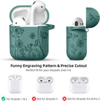 Flower Print Engraved for Airpods Case Cover, Stylish Soft Silicone Protector with Keychain Compatible with Apple Airpods 1St/2Nd Generation Charging Case, Pine Green