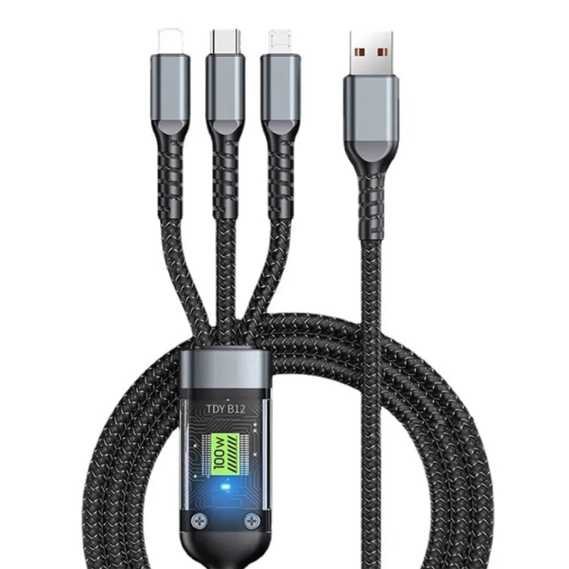 100W Fast Charging Cable 3 in 1 Charger Cable for Iphone Braided Multiple USB Universal Charging Cord Adapter with Type-C Micro