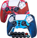 Studded Silicone Cover Skin Case for PS5 Controller X 2(Camouflage Red+Blue) with Pro Thumb Grips X 10