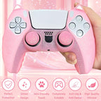 Pink Cat Glitter Anti-Slip Protective Silicone Cover Skin Grips Compatible with Ps5/Slim/Pro Controller,8 PCS Glitter Thumb Grips Caps and 2 Paw Grips Caps. (Cat Pink)