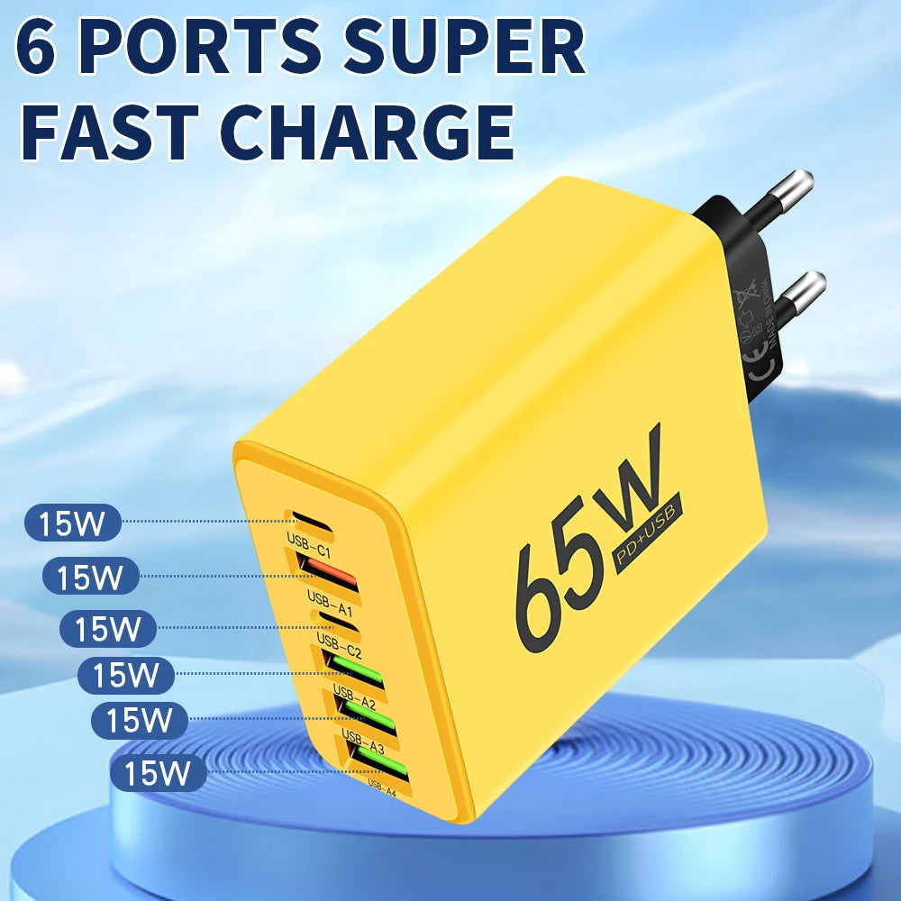 65W 6 Ports USB Charger Fast Charging USB Type C Phone Charger Adapters for Iphone 15 14 Pro Samsung Xiaomi Portable PD Charger