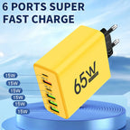 65W 6 Ports USB Charger Fast Charging USB Type C Phone Charger Adapters for Iphone 15 14 Pro Samsung Xiaomi Portable PD Charger