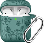 Flower Print Engraved for Airpods Case Cover, Stylish Soft Silicone Protector with Keychain Compatible with Apple Airpods 1St/2Nd Generation Charging Case, Pine Green