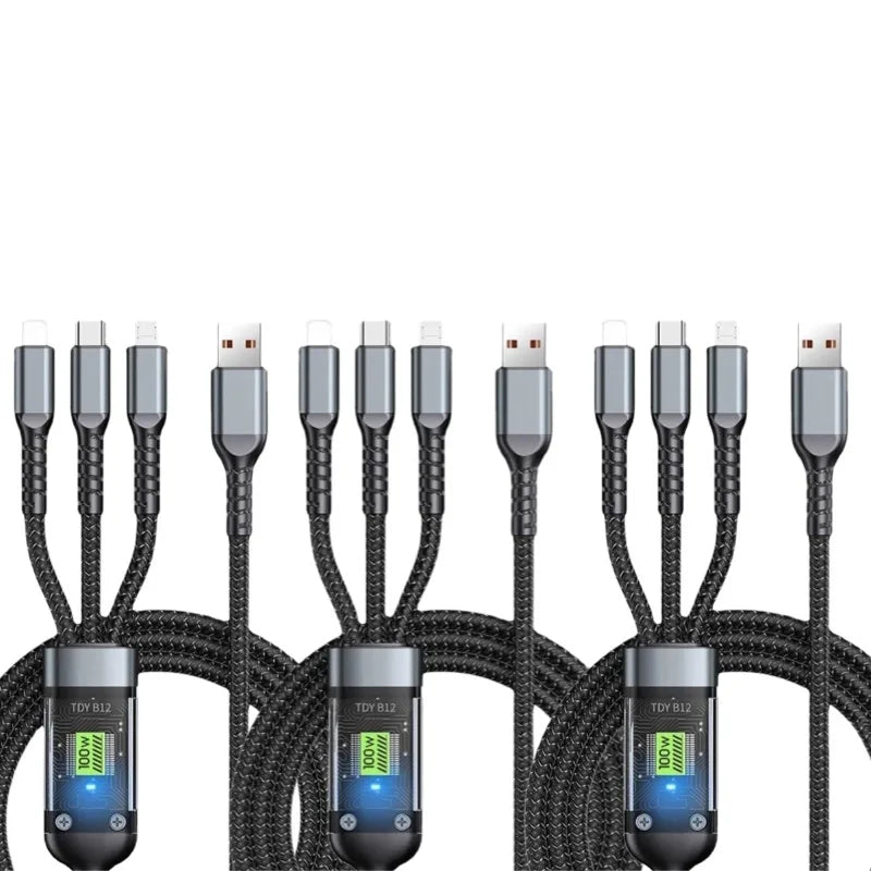 100W Fast Charging Cable 3 in 1 Charger Cable for Iphone Braided Multiple USB Universal Charging Cord Adapter with Type-C Micro