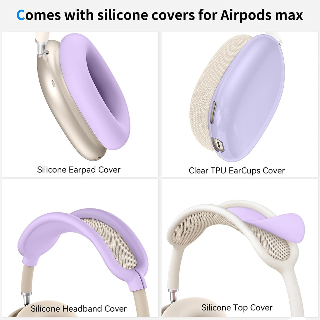 Hard Case for Airpods Max Supports Sleep Mode,Travel Carrying Headphone Case with Airpods Max Clear Ear Cups Cover/Silicone Earpad Case/Headband Cover,Airpod Max Protective Portable Storage Bag,Purple