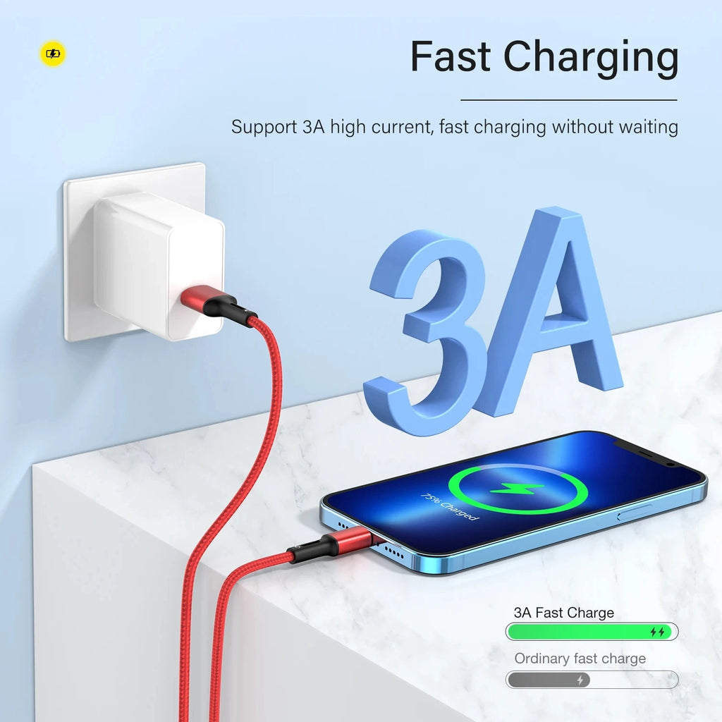 3A USB Cable for Iphone 14 13 12 11 Pro Max X XR 6S 7 8 plus 2M 3M Lead Mobile Phone Fast Charging Cord Data Charger Wire