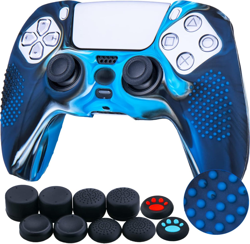 Studded Silicone Rubber Gel Customizing Skin Cover for PS5 Controller X 1(Camouflage Blue) with Pro Thumb Grips X 10