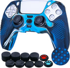 Studded Silicone Rubber Gel Customizing Skin Cover for PS5 Controller X 1(Camouflage Blue) with Pro Thumb Grips X 10