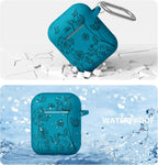 Compatible with Apple Airpods 1St/2Nd Generation Charging Case, Stylish Soft Silicone Flower Print Engraved Protector with Keychain Compatible with Airpods Case, Blue