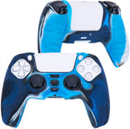 Studded Silicone Rubber Gel Customizing Skin Cover for PS5 Controller X 1(Camouflage Blue) with Pro Thumb Grips X 10