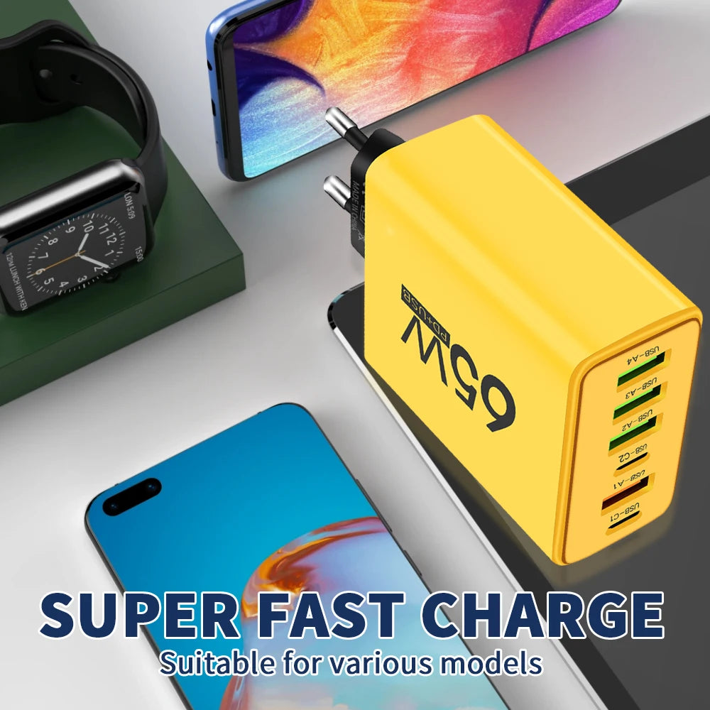 65W 6 Ports USB Charger Fast Charging USB Type C Phone Charger Adapters for Iphone 15 14 Pro Samsung Xiaomi Portable PD Charger