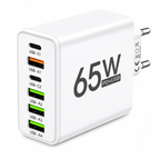 65W 6-port USB-C fast charger with dual USB-C and four USB-A ports for smartphones, tablets and USB-powered devices