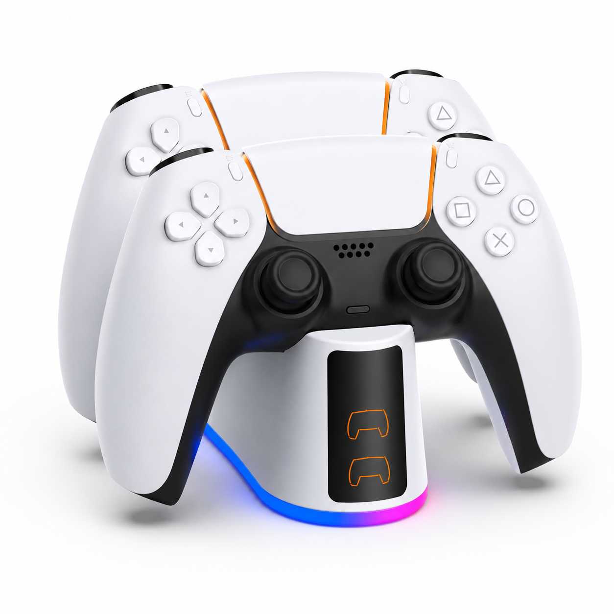White PS5 DualSense controller charging dock with RGB LED lighting for charging two PlayStation 5 controllers.