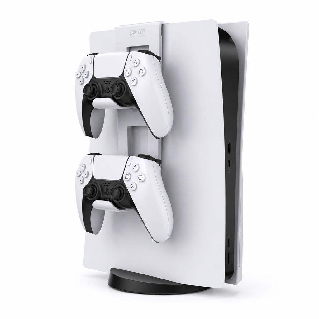 White PS5 controller rack mounted on a PlayStation 5 console holding two DualSense wireless controllers.