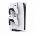 White PS5 controller rack mounted on a PlayStation 5 console holding two DualSense wireless controllers.