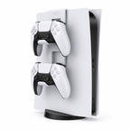 White PS5 controller rack mounted on a PlayStation 5 console holding two DualSense wireless controllers.