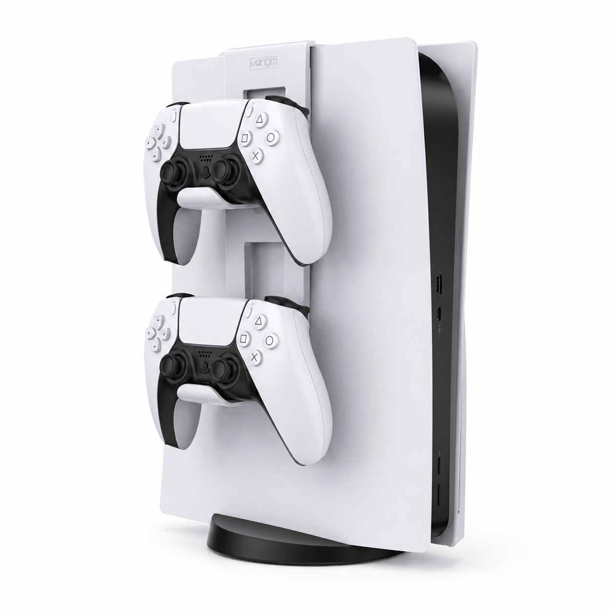 White PS5 controller rack mounted on a PlayStation 5 console holding two DualSense wireless controllers.