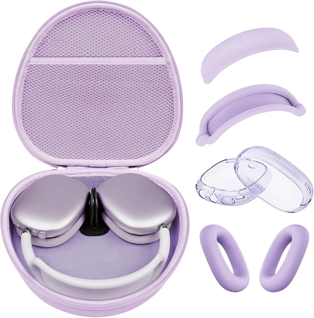 Hard Case for Airpods Max Supports Sleep Mode,Travel Carrying Headphone Case with Airpods Max Clear Ear Cups Cover/Silicone Earpad Case/Headband Cover,Airpod Max Protective Portable Storage Bag,Purple