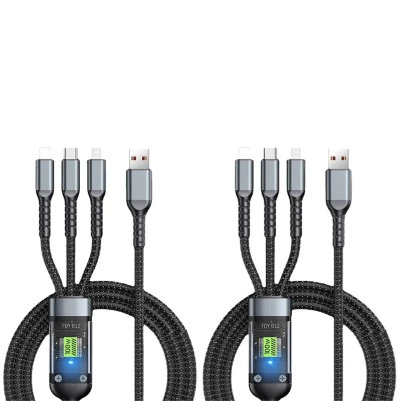 100W Fast Charging Cable 3 in 1 Charger Cable for Iphone Braided Multiple USB Universal Charging Cord Adapter with Type-C Micro
