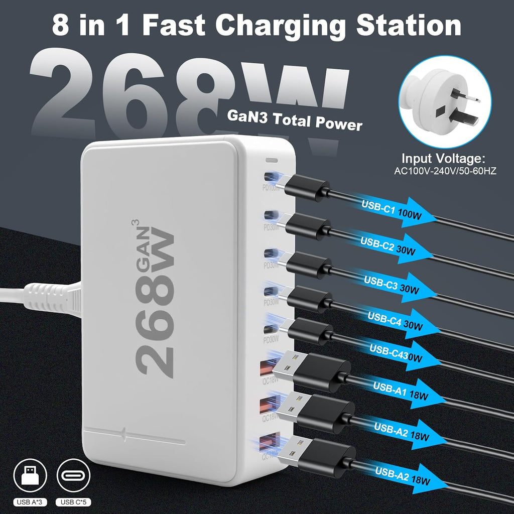 268W Gan 6-Port USB-C Fast Charger Station, Wall Plug Power Adapter Hub for Iphone 17/16/15/14, Ipad, Galaxy, Pixel (8 Ports)