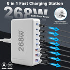 268W Gan 6-Port USB-C Fast Charger Station, Wall Plug Power Adapter Hub for Iphone 17/16/15/14, Ipad, Galaxy, Pixel (8 Ports)