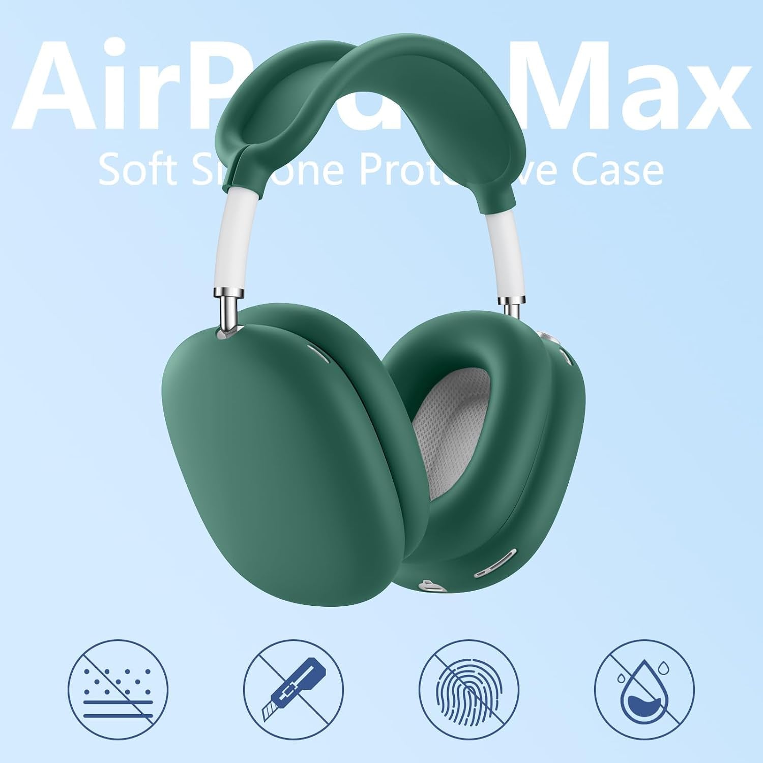 Silicone Case Cover for Airpods Max Headphones, 4 in 1 Accessories Kit: Anti-Scratch Ear Cups/Ear Pad Case/Up down Headband Cover for Airpod Max, Soft Skin Protector for Airpods Max Cover (Green)