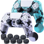 Grip Texture Silicone Skin for PS5 Dualsense Controller X 2(Print Purple+Green) with Pro Thumb Grips X 8