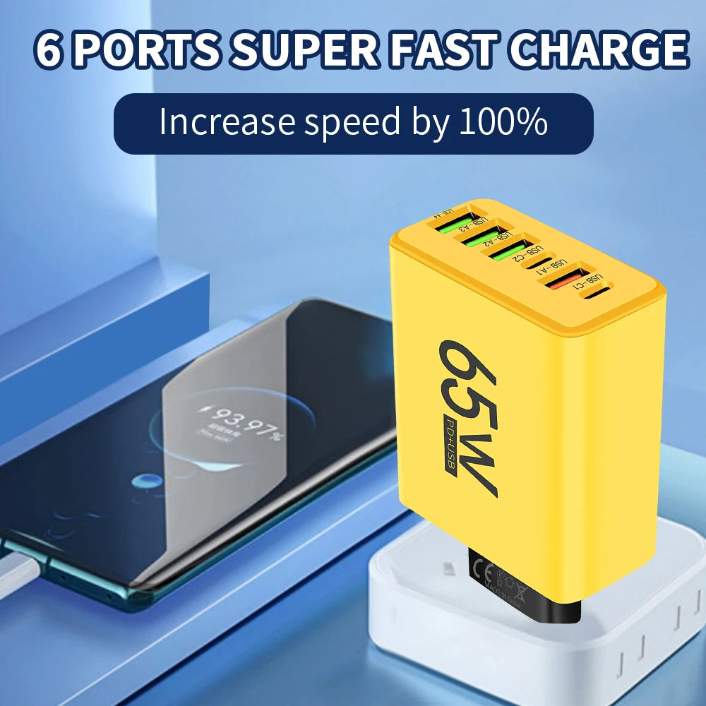 65W 6 Ports USB Charger Fast Charging USB Type C Phone Charger Adapters for Iphone 15 14 Pro Samsung Xiaomi Portable PD Charger