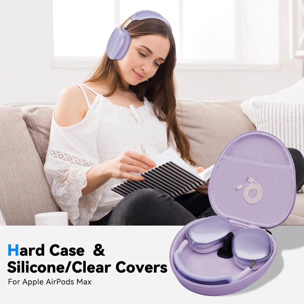 Hard Case for Airpods Max Supports Sleep Mode,Travel Carrying Headphone Case with Airpods Max Clear Ear Cups Cover/Silicone Earpad Case/Headband Cover,Airpod Max Protective Portable Storage Bag,Purple