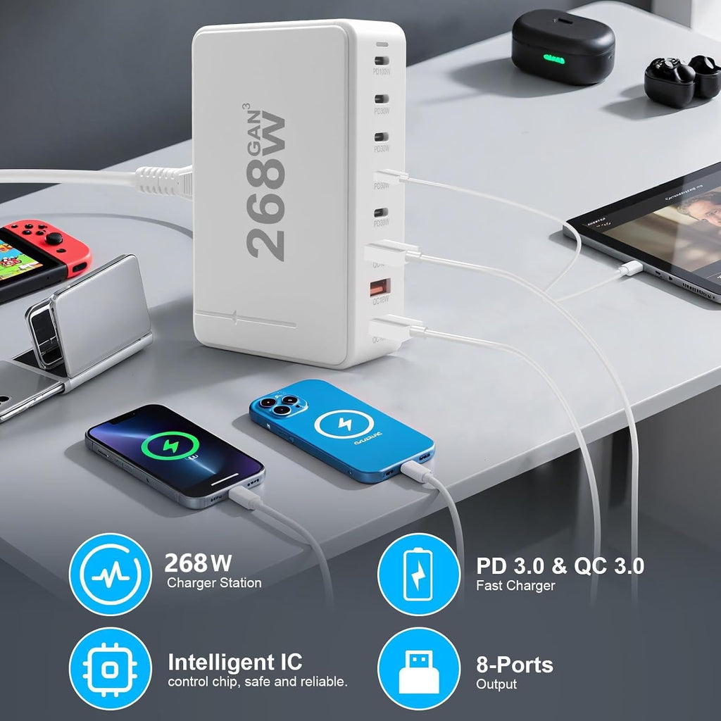 268W Gan 6-Port USB-C Fast Charger Station, Wall Plug Power Adapter Hub for Iphone 17/16/15/14, Ipad, Galaxy, Pixel (8 Ports)