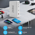 268W Gan 6-Port USB-C Fast Charger Station, Wall Plug Power Adapter Hub for Iphone 17/16/15/14, Ipad, Galaxy, Pixel (8 Ports)
