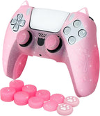 Pink Cat Glitter Anti-Slip Protective Silicone Cover Skin Grips Compatible with Ps5/Slim/Pro Controller,8 PCS Glitter Thumb Grips Caps and 2 Paw Grips Caps. (Cat Pink)