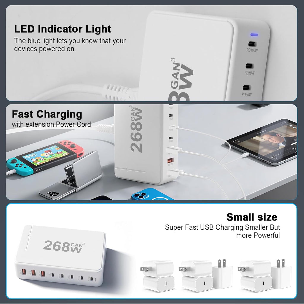 268W Gan 6-Port USB-C Fast Charger Station, Wall Plug Power Adapter Hub for Iphone 17/16/15/14, Ipad, Galaxy, Pixel (8 Ports)