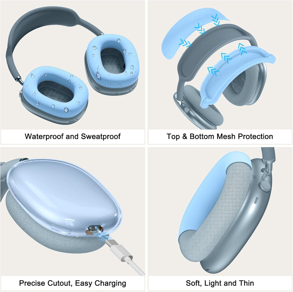 [4 in 1] Silicone Case Cover for Airpods Max, Clear Soft TPU Ear Cups Cover/Ear Pad Case Cover/Headband Cover for Airpods Max (2024/2020), Transparent Accessories for Apple Airpod Max (Usb-C),Sky Blue
