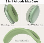 Clear Cover for Airpods Max Headphones Case, 4 in 1 Kit Soft Silicone Skin Ear Cups/Ear Pad Case/Headband for Airpods Max, TPU Transparent Cover Protector for Airpod Max Headsets (Clear-Green)