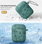 Flower Print Engraved for Airpods Case Cover, Stylish Soft Silicone Protector with Keychain Compatible with Apple Airpods 1St/2Nd Generation Charging Case, Pine Green