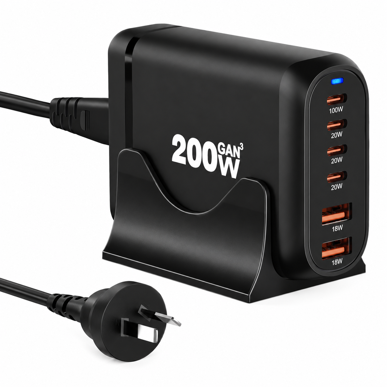 200W 6-Port GaN USB-C Fast Charging Station with 4 USB-C and 2 USB-A ports on a white background