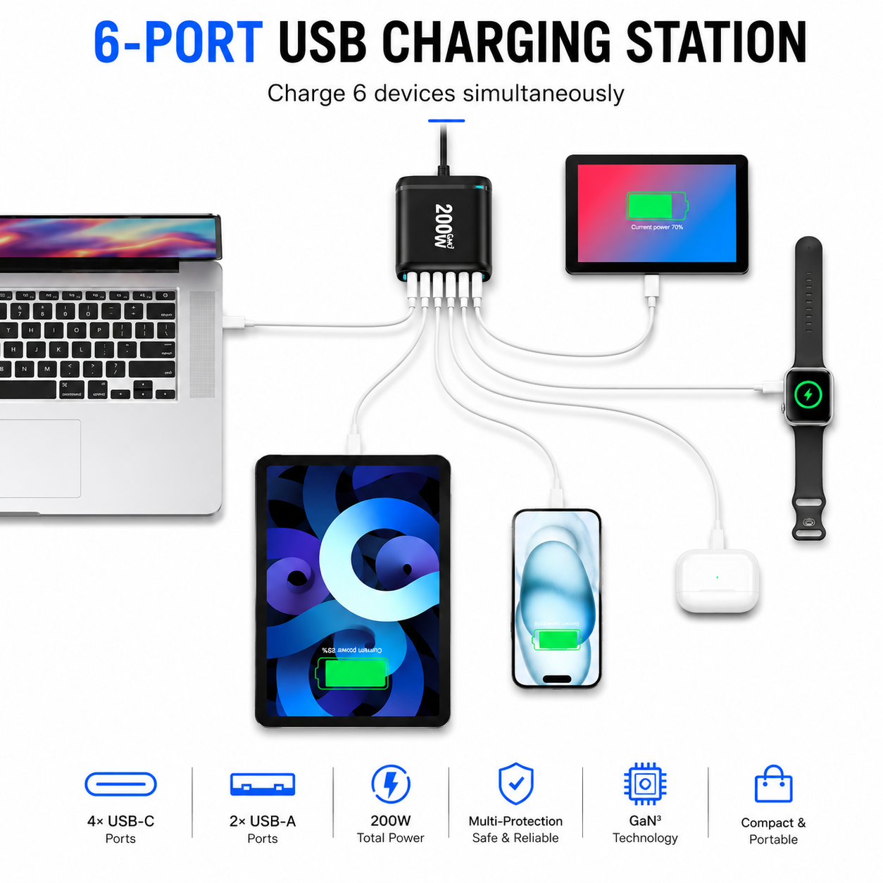A 6-port USB charging station shown on a white background with multiple devices plugged in, including a laptop, tablet, smartphone, smartwatch, and earbud charging case. Text at the top reads '6-PORT USB CHARGING STATION' and 'Charge 6 devices simultaneously.