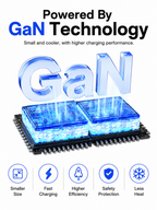 Promotional graphic for GaN technology featuring a glowing blue microchip with large 3D 'GaN' text above it, plus marketing copy and five feature icons for smaller size, fast charging, higher efficiency, safety protection, and less heat on a white background.