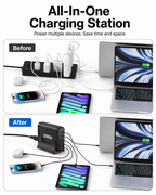 Before-and-after comparison graphic for an all-in-one charging station. The top panel shows a black multi-port charger plugged into a laptop with phones and accessories, labeled 'Before.