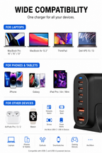 A promotional infographic for a multi-port USB charger. The charger itself is shown on the right as a black device with orange USB-C ports.