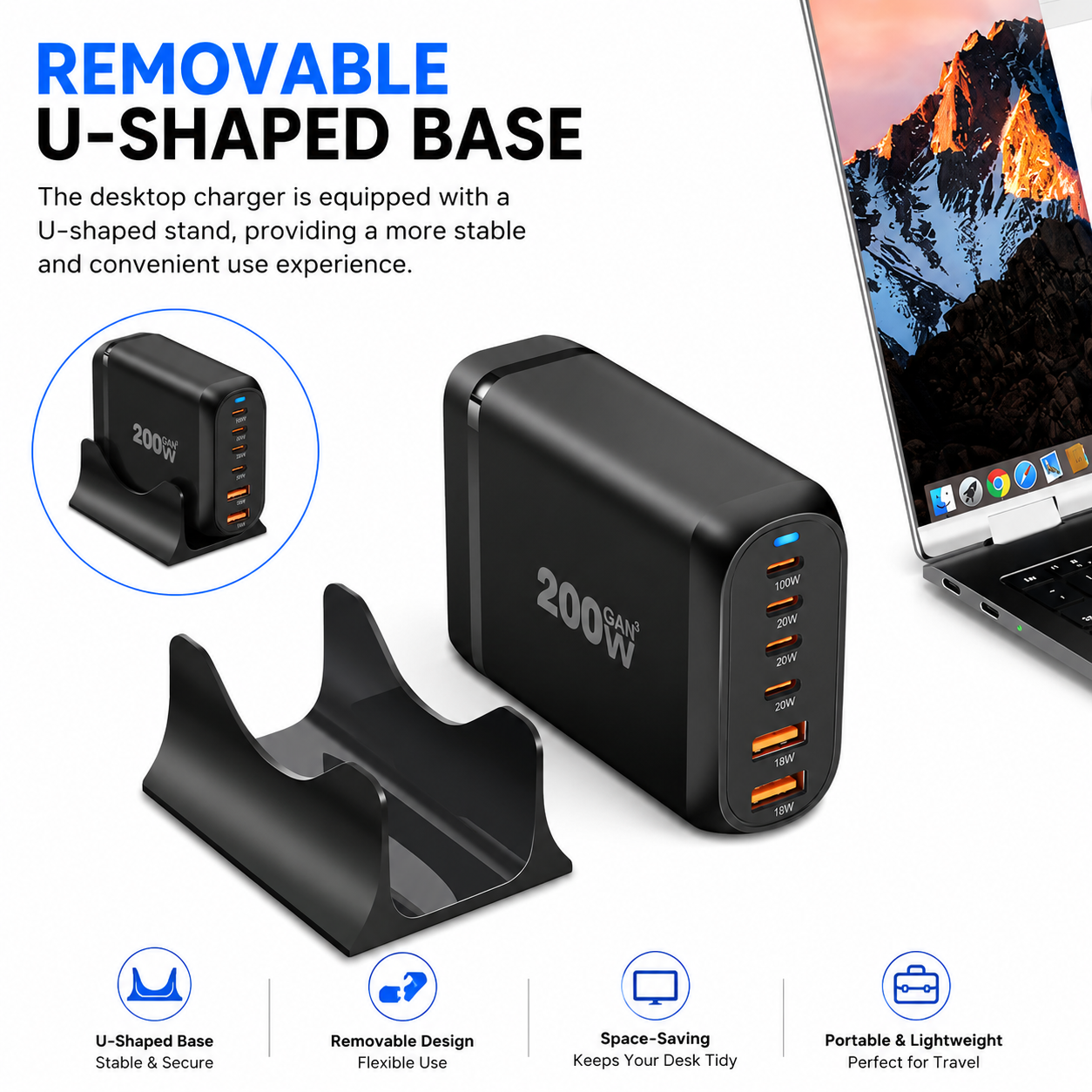 Black 200W U-shaped desktop charger with a removable stand, shown alongside a laptop on a white background with feature callouts and text.