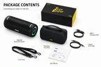 Mifa A90 portable Bluetooth speaker with carry case, USB-C charging cable, AUX cable, carry strap and user manual