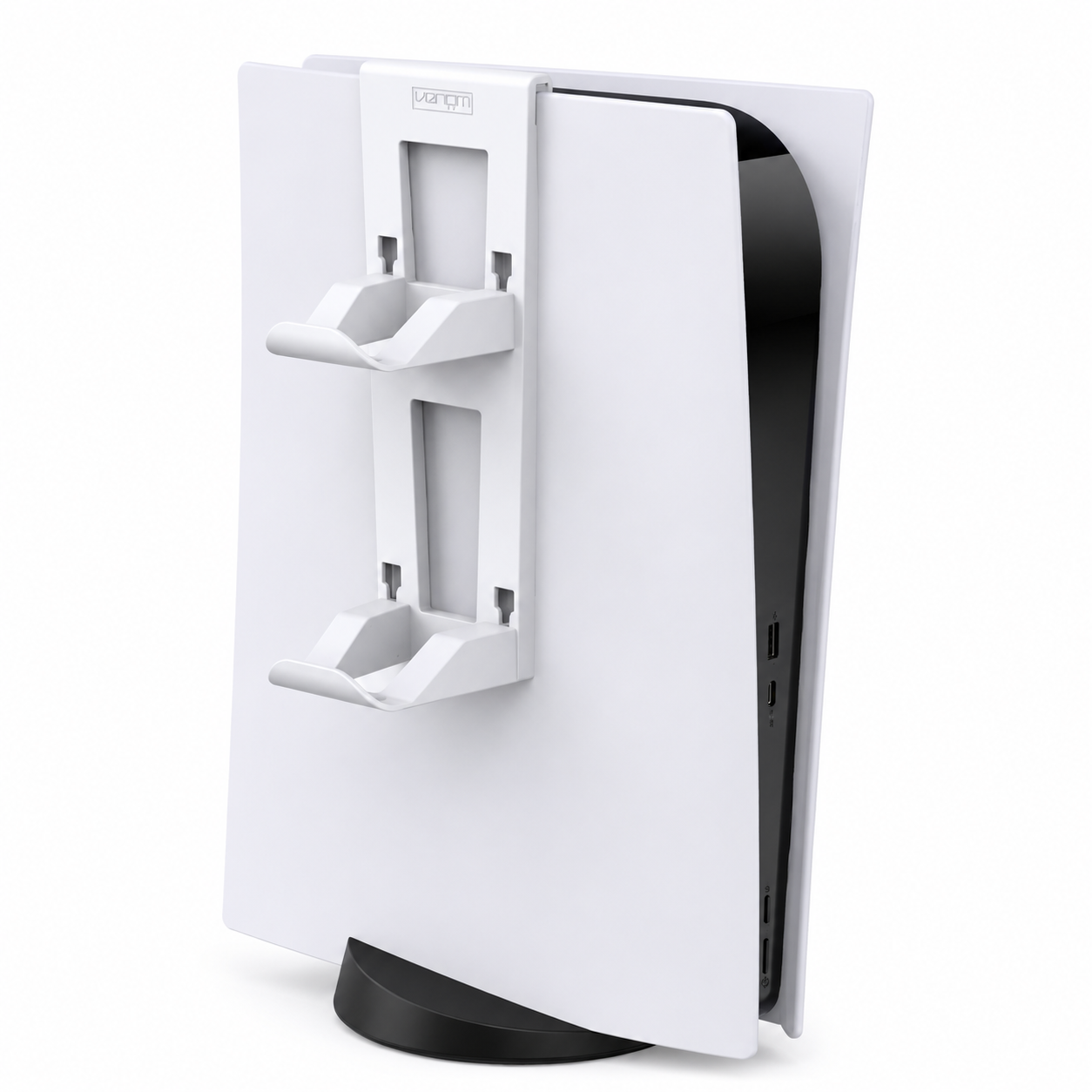 White PS5 controller rack mounted on a PlayStation 5 console holding two DualSense wireless controllers.