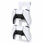 White PS5 controller rack mounted on a PlayStation 5 console holding two DualSense wireless controllers.