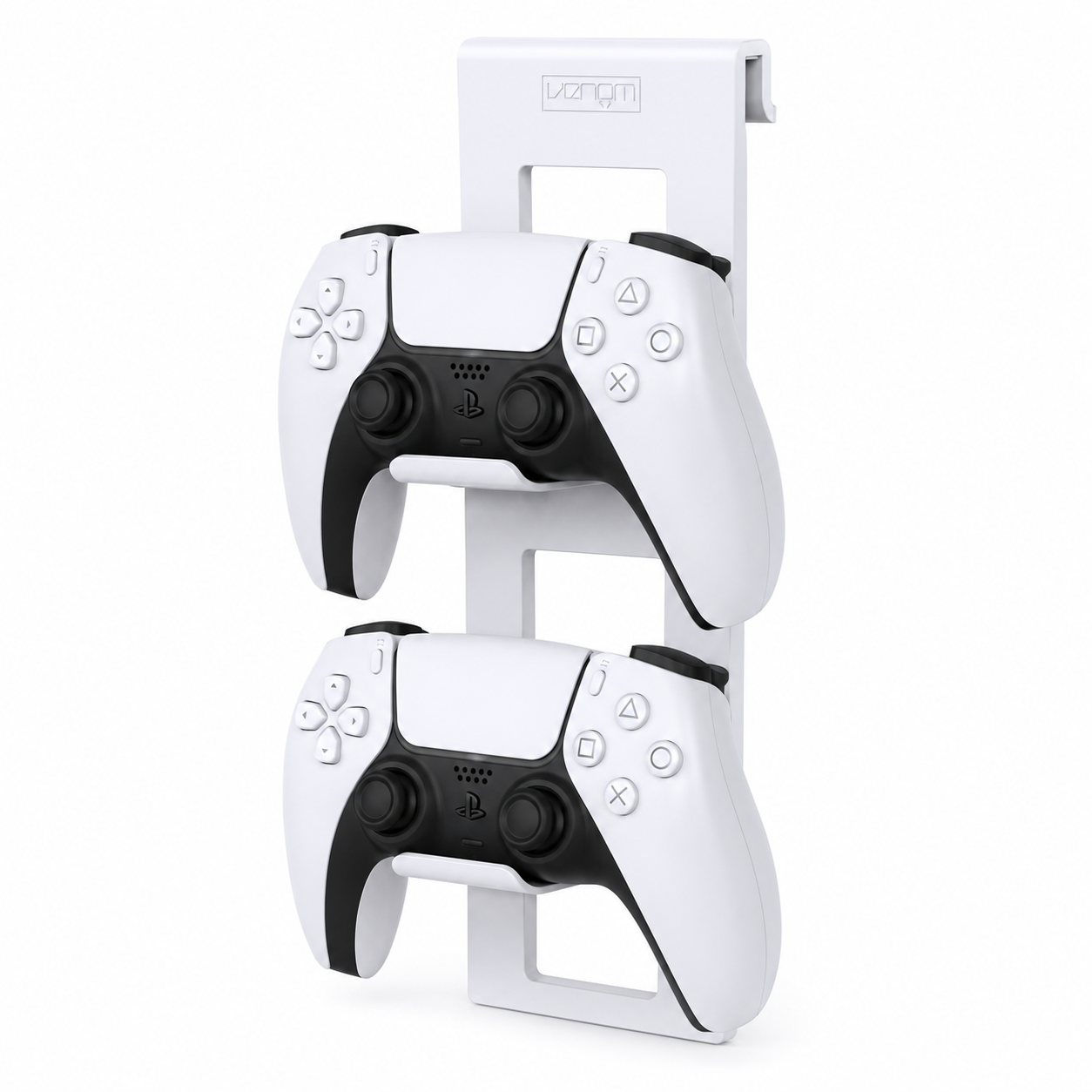White PS5 controller rack mounted on a PlayStation 5 console holding two DualSense wireless controllers.